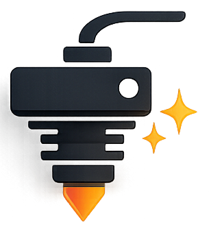 A 3D printer nozzle with a filament extruding, printing a colorful object with sparkles nearby.