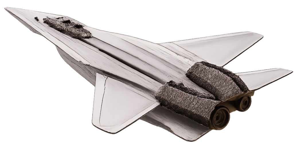 A model spacecraft resembling a futuristic jet or plane, with a sleek metallic body and twin engines at the rear.