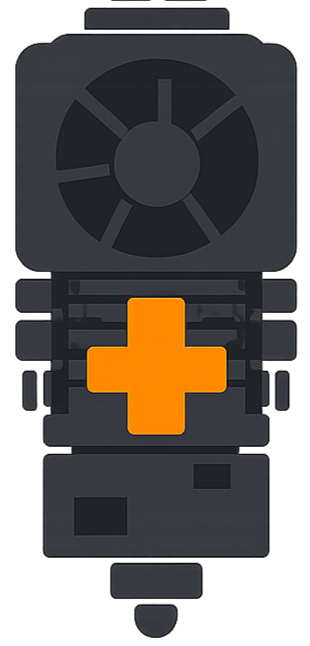 Top view of a medical drone with a large orange cross symbol on one side.