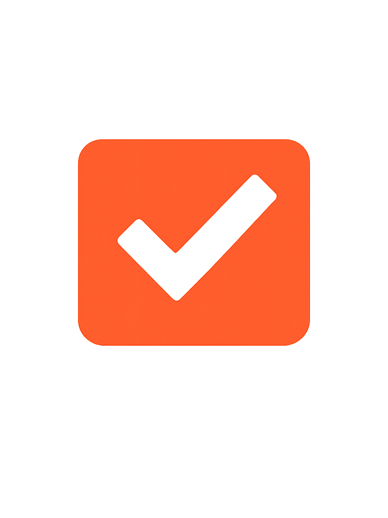 Checkmark icon inside an orange square. Verifying task completion or approval.