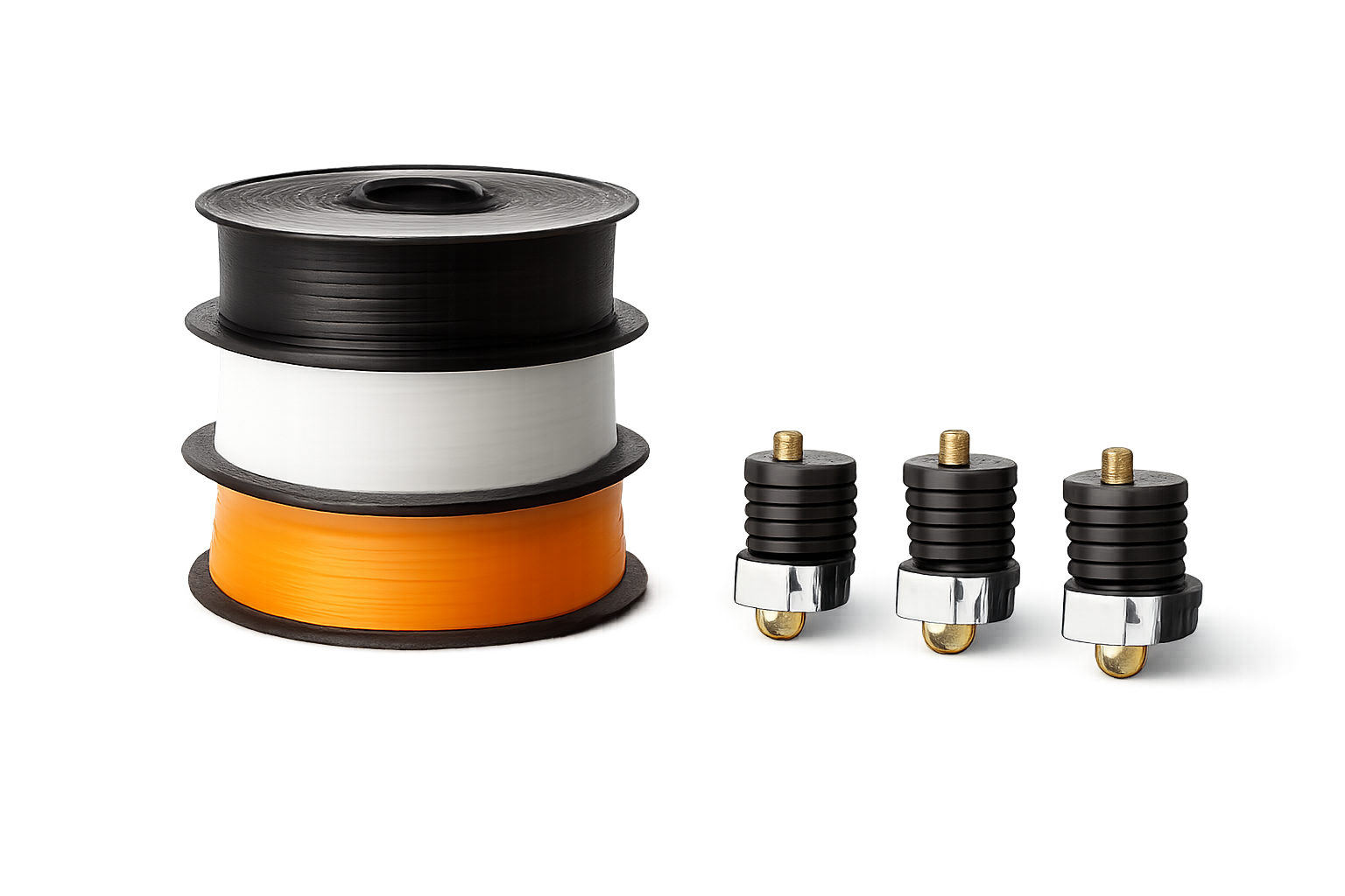 Three spools of wire (black, white, and orange) and three electrical connectors on a gray surface.