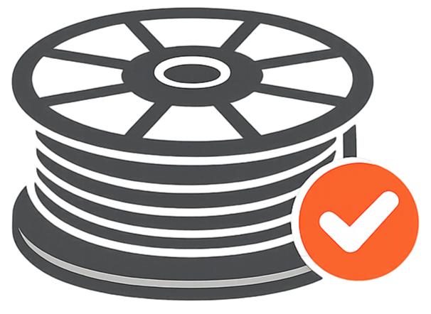 Stack of black film reel spools with a red checkmark icon