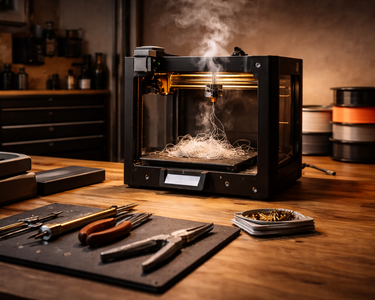 A 3D printer on a wooden workbench in a workshop, printing tangled string or filament with smoke rising from the print.
