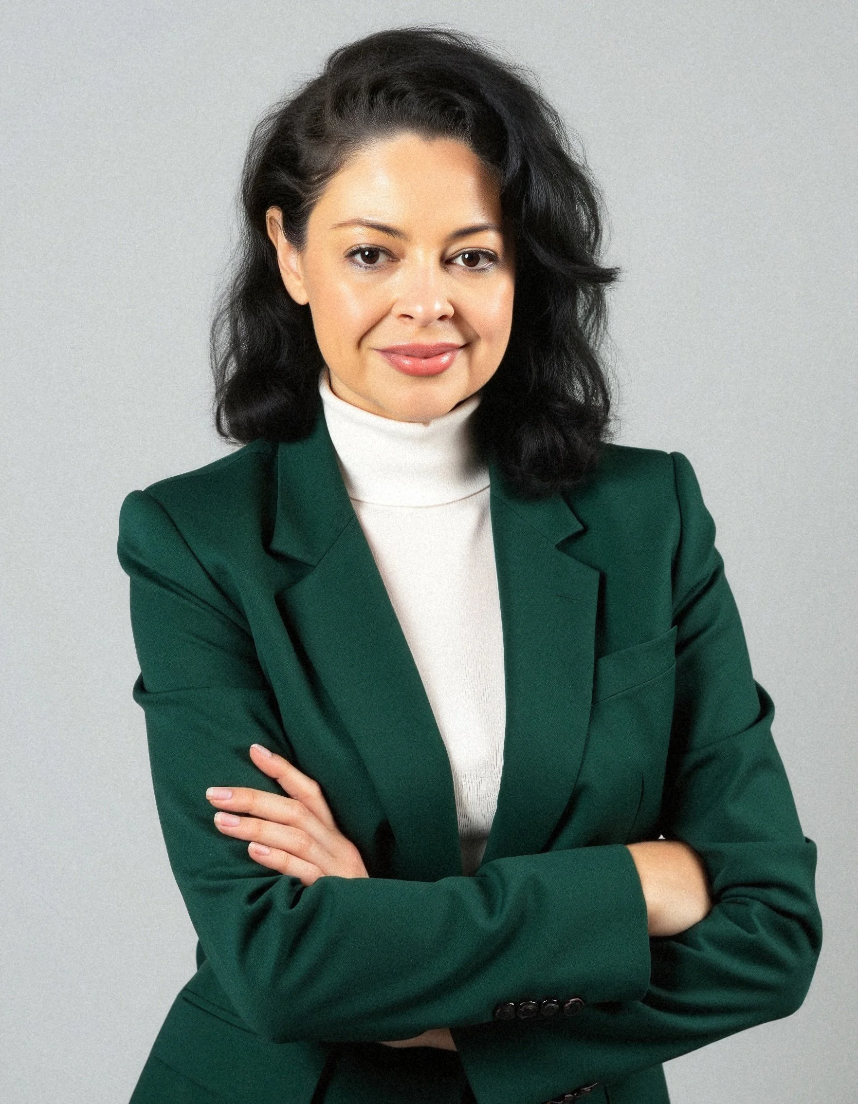 A woman with dark curly hair wearing a white turtleneck and a green blazer, posing with her arms crossed against a plain background.