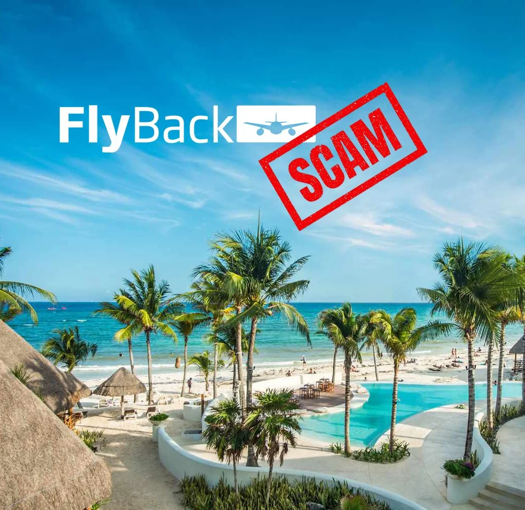 Beachside resort with palm trees, pool, and ocean; FlyBack logo with airplane icon and a red 'scam' stamp overlay.