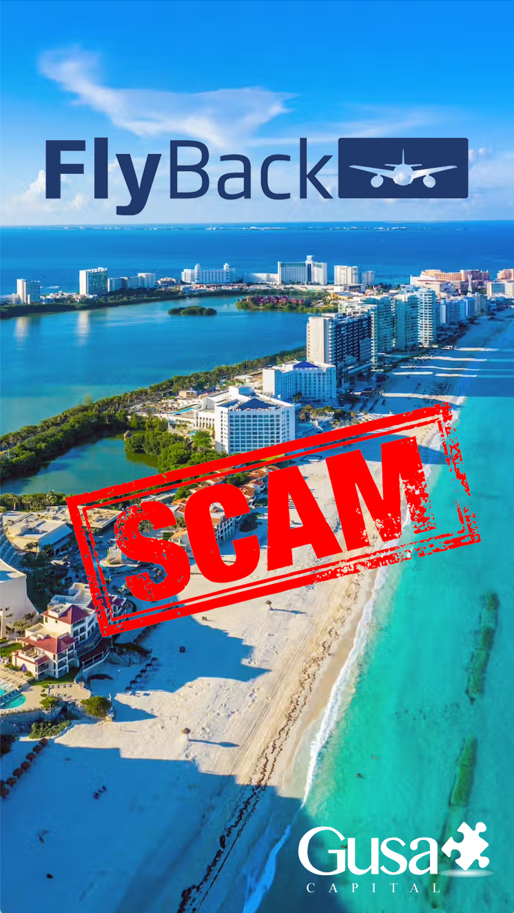 An aerial view of a coastal city with high-rise buildings, a beach, and a body of water, overlaid with the words 'FlyBack' and a plane icon, as well as a red 'SCAM' stamp and Gusa Capital logo.