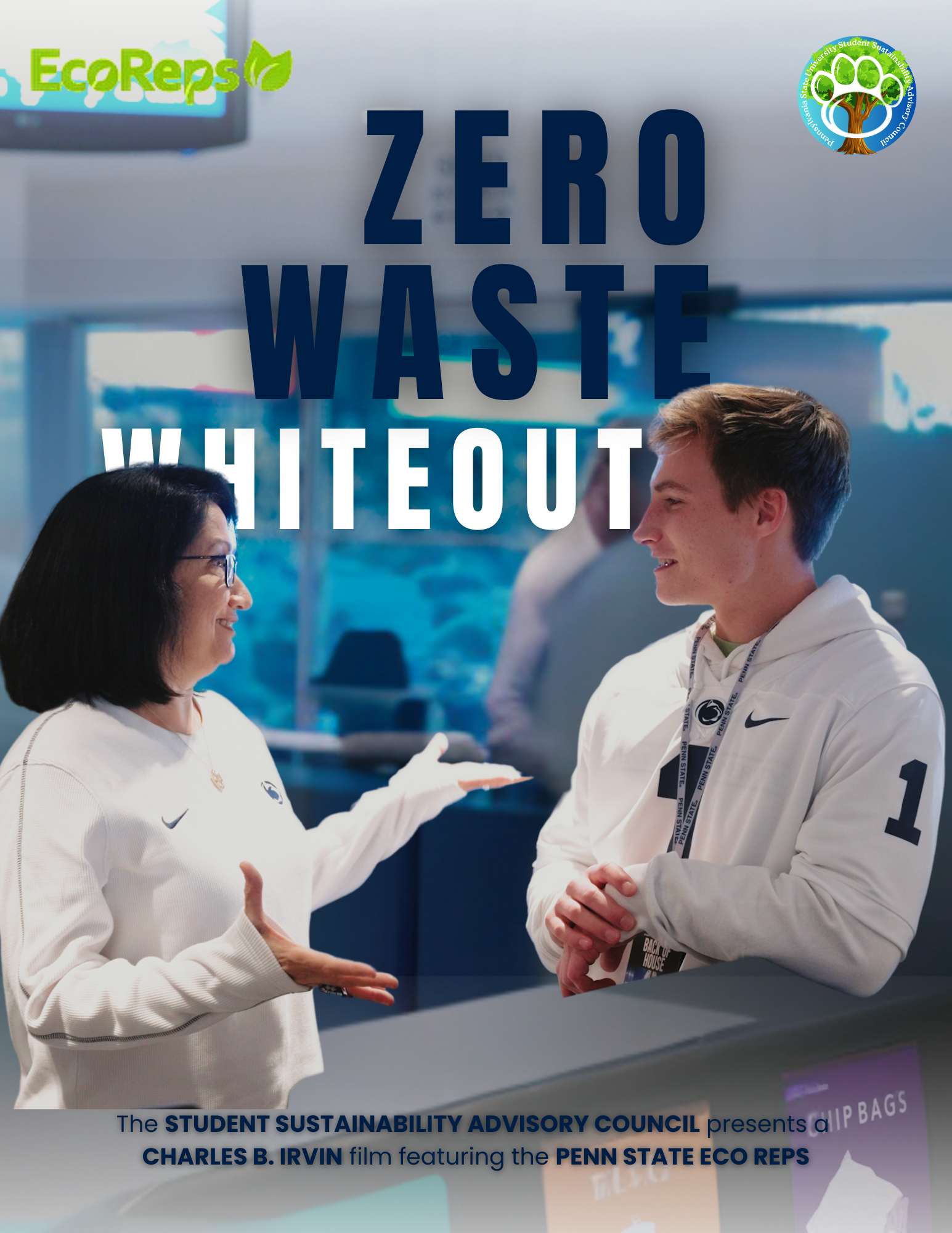 The Penn State University President talking to a student, engaging in a conversation at an event promoting zero waste. The background includes a football stadium