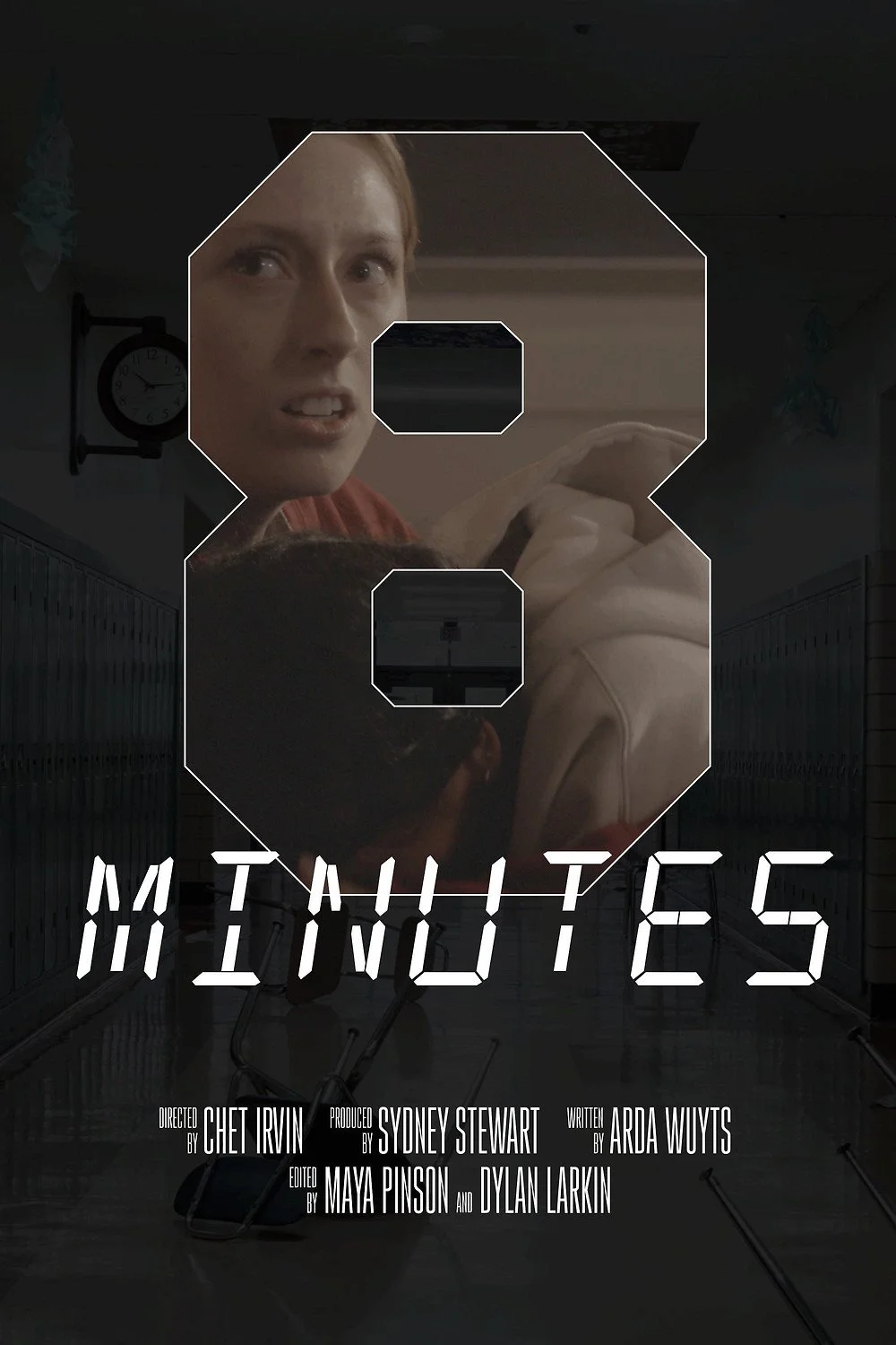 The cover of the movie "Eight Minutes," featuring a woman looking surprised or concerned, with a dark school hallway and lockers in the background, and large stylized text overlay.