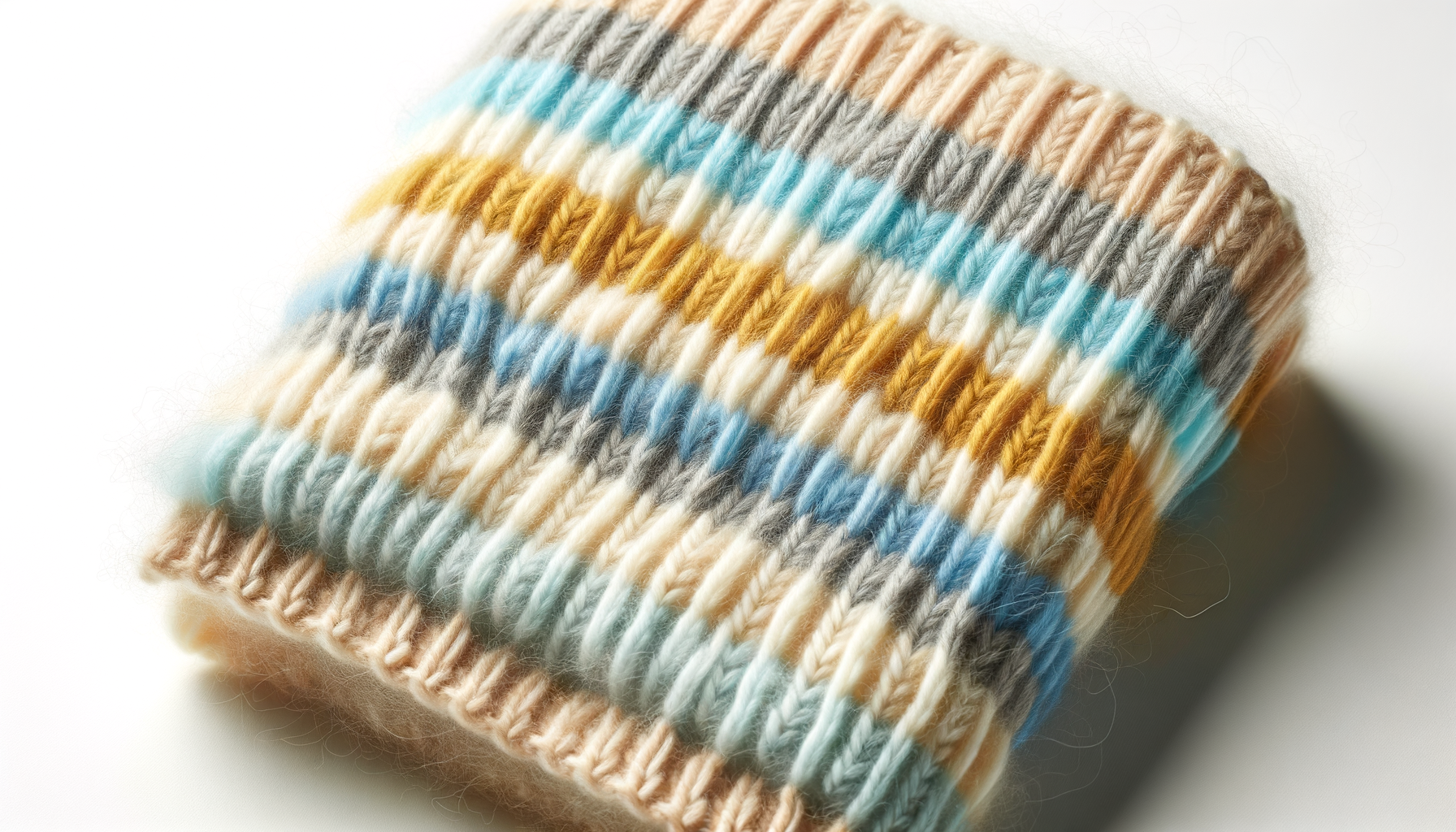 Close-up of a knitted beanie with multicolored horizontal stripes in beige, gray, blue, yellow, and white, on a white background.