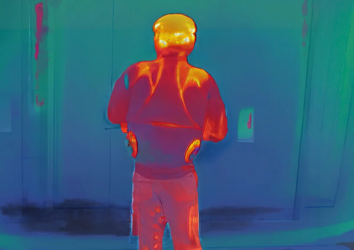 Thermal image of construction worker in fan jacket in Tokyo