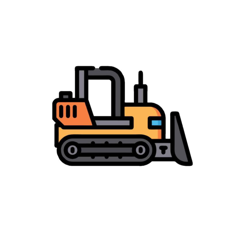 Cartoon illustration of a small construction excavator in yellow and black with a loader bucket.