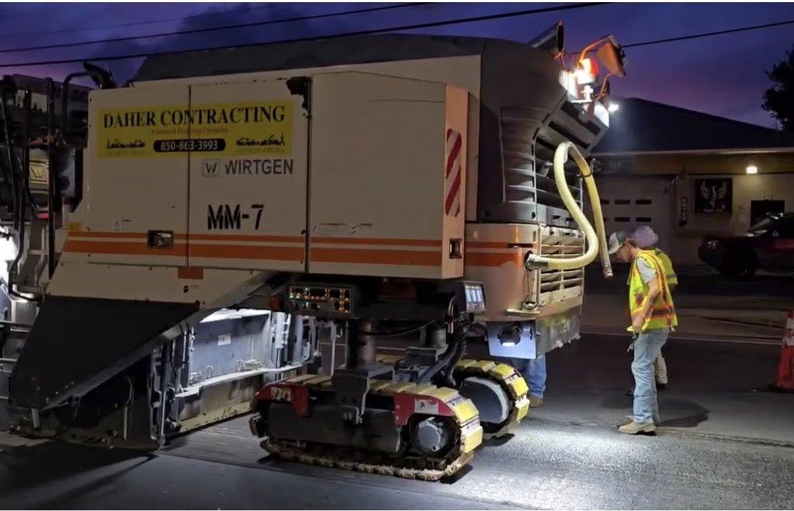 A street paving machine at work during dusk, with construction workers nearby wearing reflective vests.
