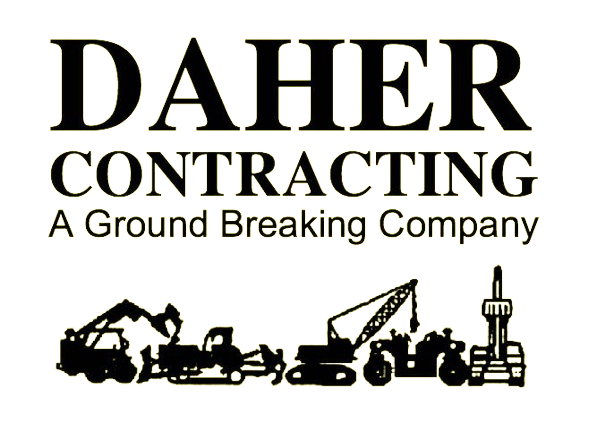 Logo for Daher Contracting, a ground breaking company. The logo features the company name in large yellow letters, with a yellow line drawing of construction equipment, including excavators and a crane, underneath.