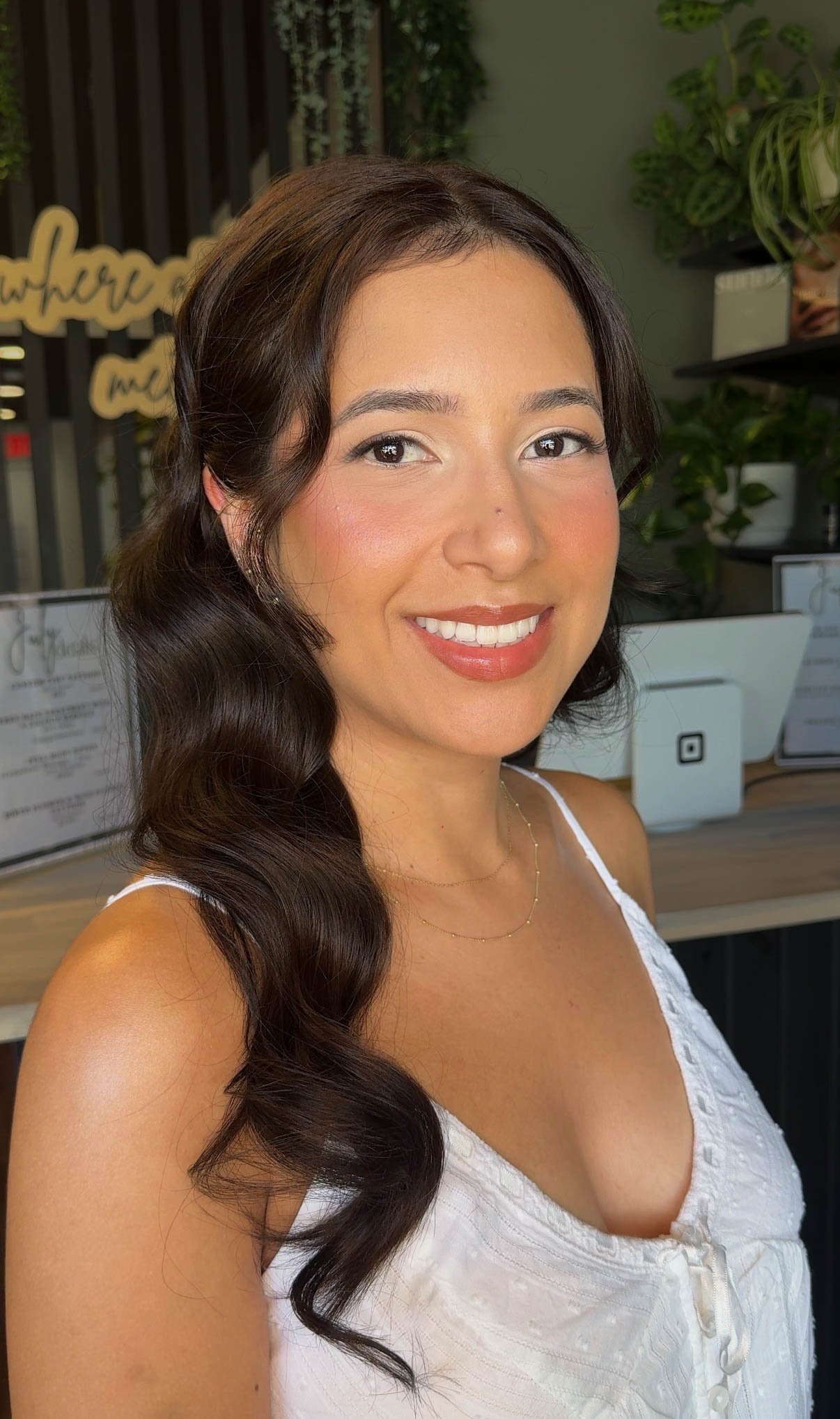 Soft glam makeup with glowing skin, soft waves, and timeless bridal-inspired beauty by Gloss & Glow Beauty Co. in Maple Ridge, BC.