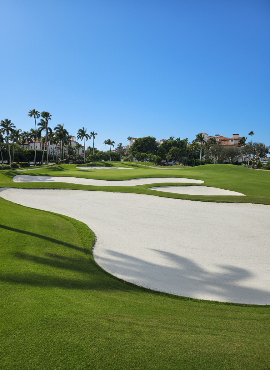 A scenic golf course with green fairways, white sand traps, palm trees, and a bright blue sky.