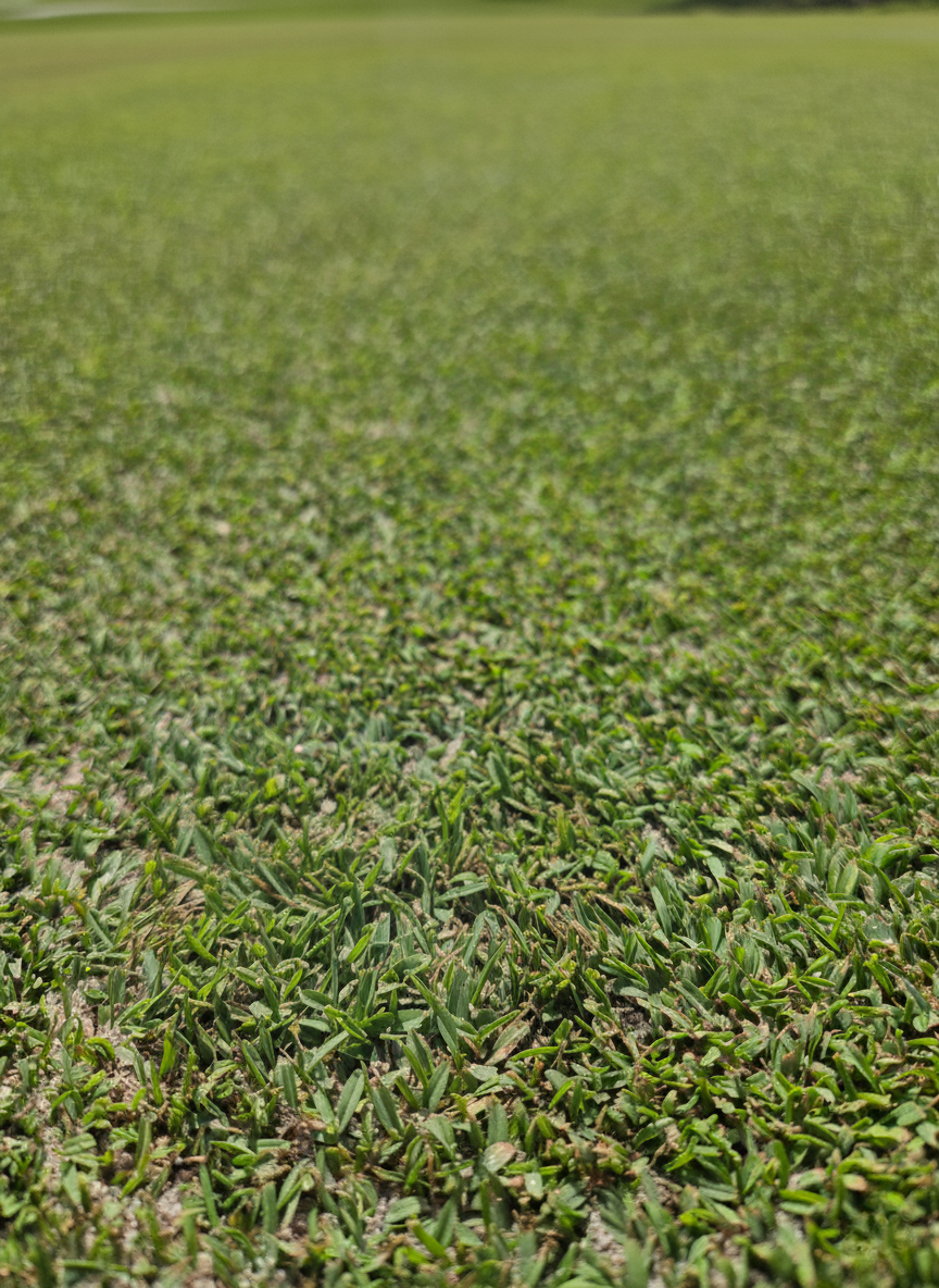Close-up of a green, well-maintained golf course or sports field grass.