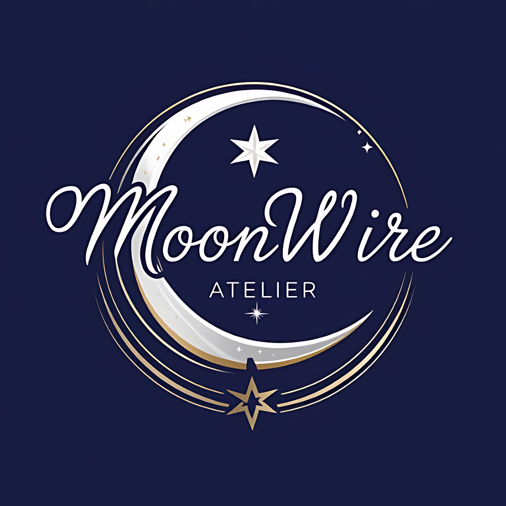 Dark blue background with a white and gold crescent moon and stars surrounding the words "MoonWire ATELIER" in elegant script.