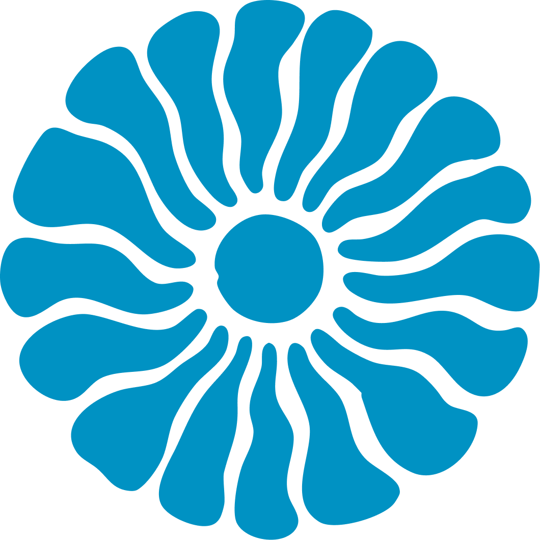 A stylized blue circular logo with petal-like shapes radiating from a central circle.
