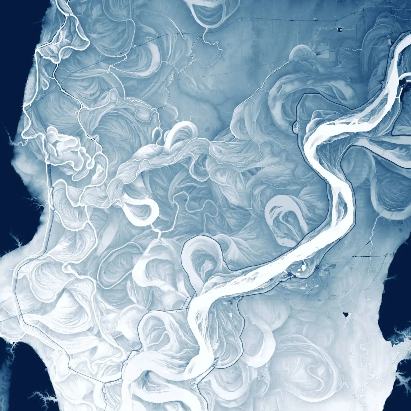 A topographic map showing a winding river, surrounding terrain with elevation changes, and water bodies, with a color scheme emphasizing blue and white tones.