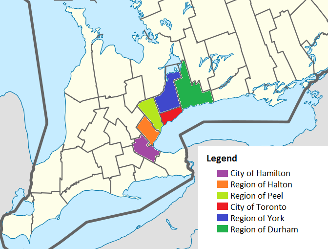 Map showing districts in the Toronto area, with each district color-coded: Hamilton in purple, Halton in orange, Peel in green, Toronto in red, York in blue, and Durham in dark green.