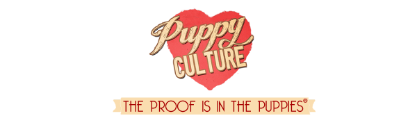 Close-up of a sign reading 'Puppy Culture' with the subtitle 'The proof is in the puppies' on a white background with colorful lines.