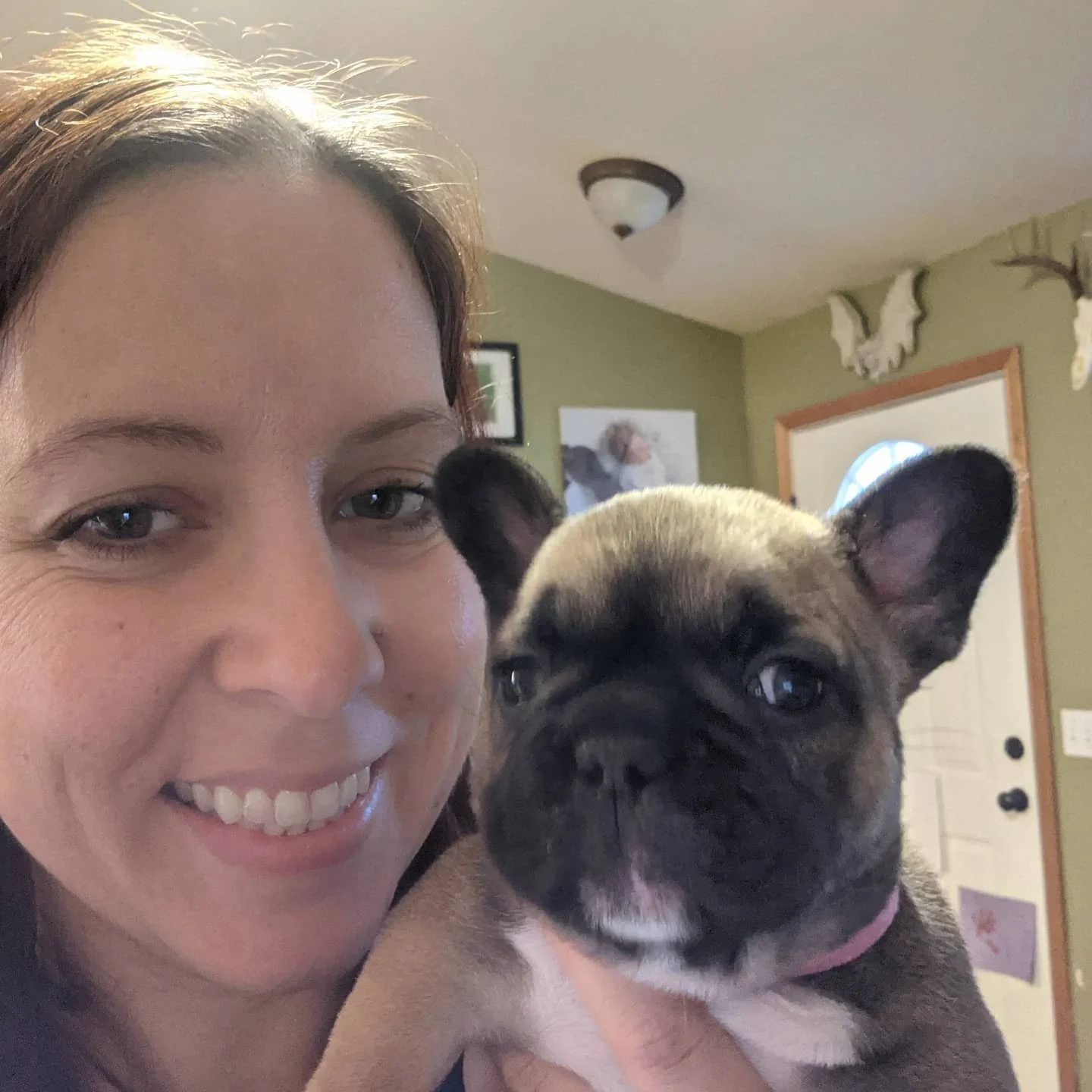 A woman smiling while holding a French Bulldog puppy inside a home.