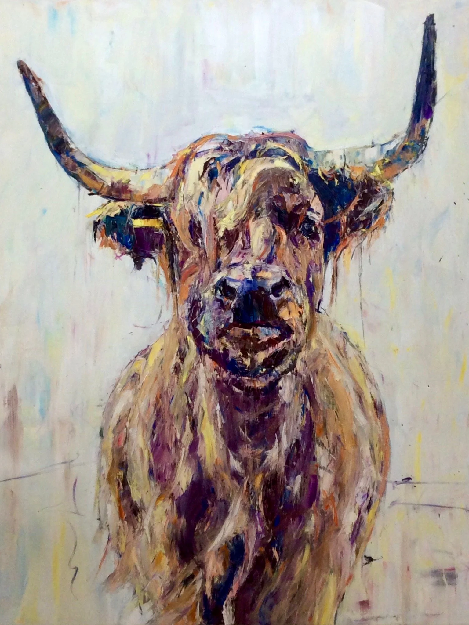 Vlad Kolas painting Abstract colorful painting of a long-horned cow's head and upper body.