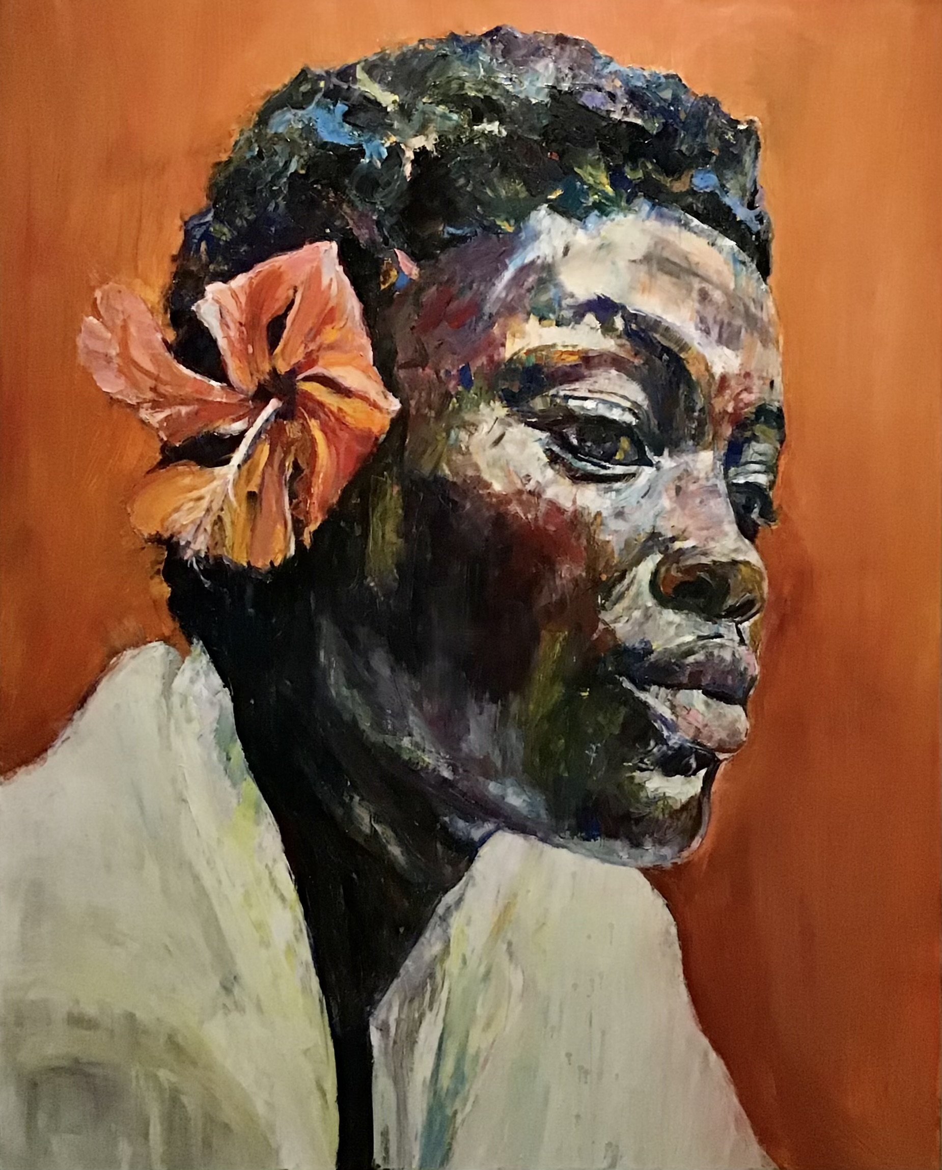 Vlad Kolas painting Portrait of a woman with a flower in her hair, painted with bold, expressive brushstrokes on a warm orange background.