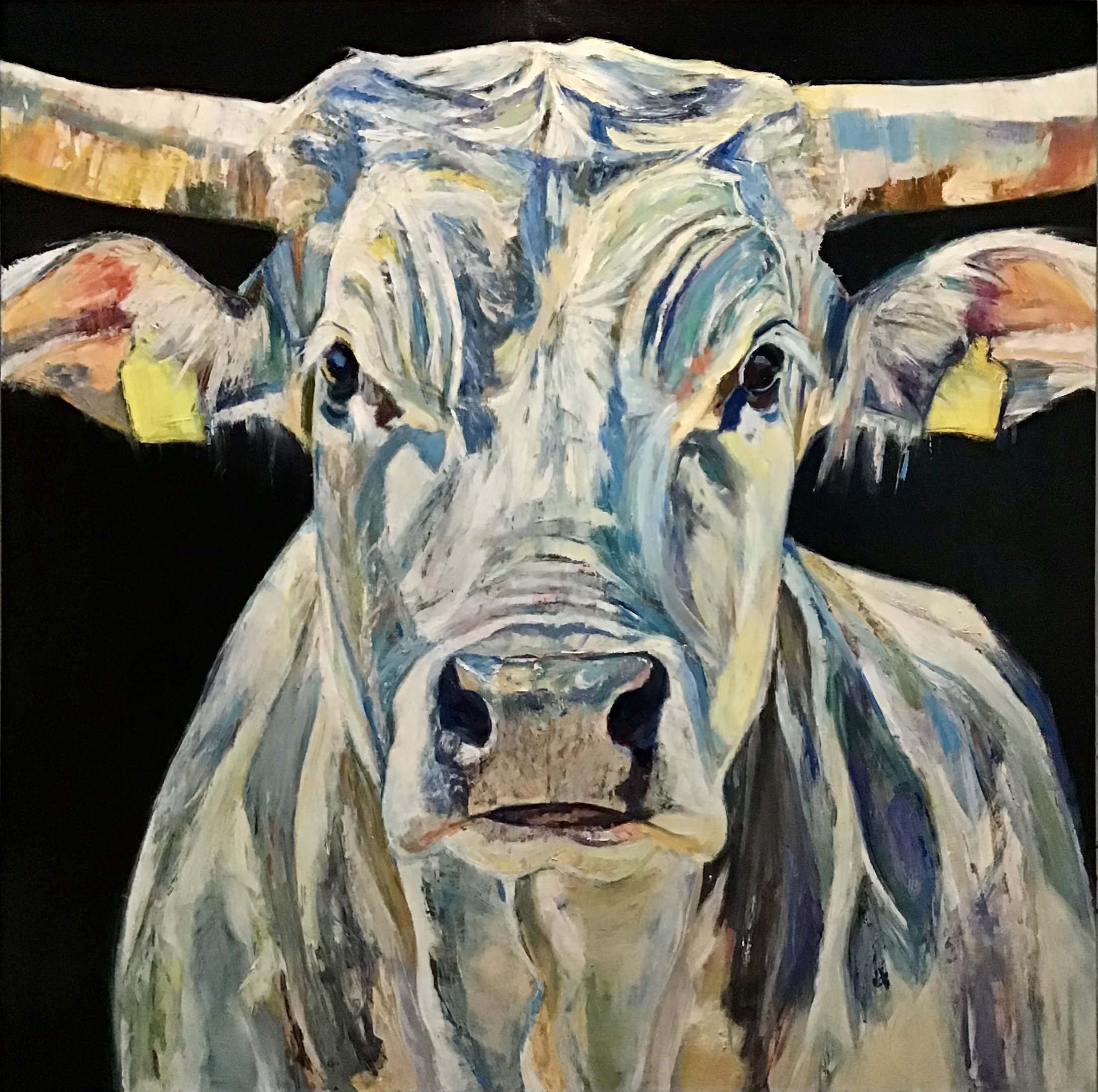 Vlad Kolas painting An abstract painting of a cow's face with a black background, using vibrant and varied brushstrokes in multiple colors.