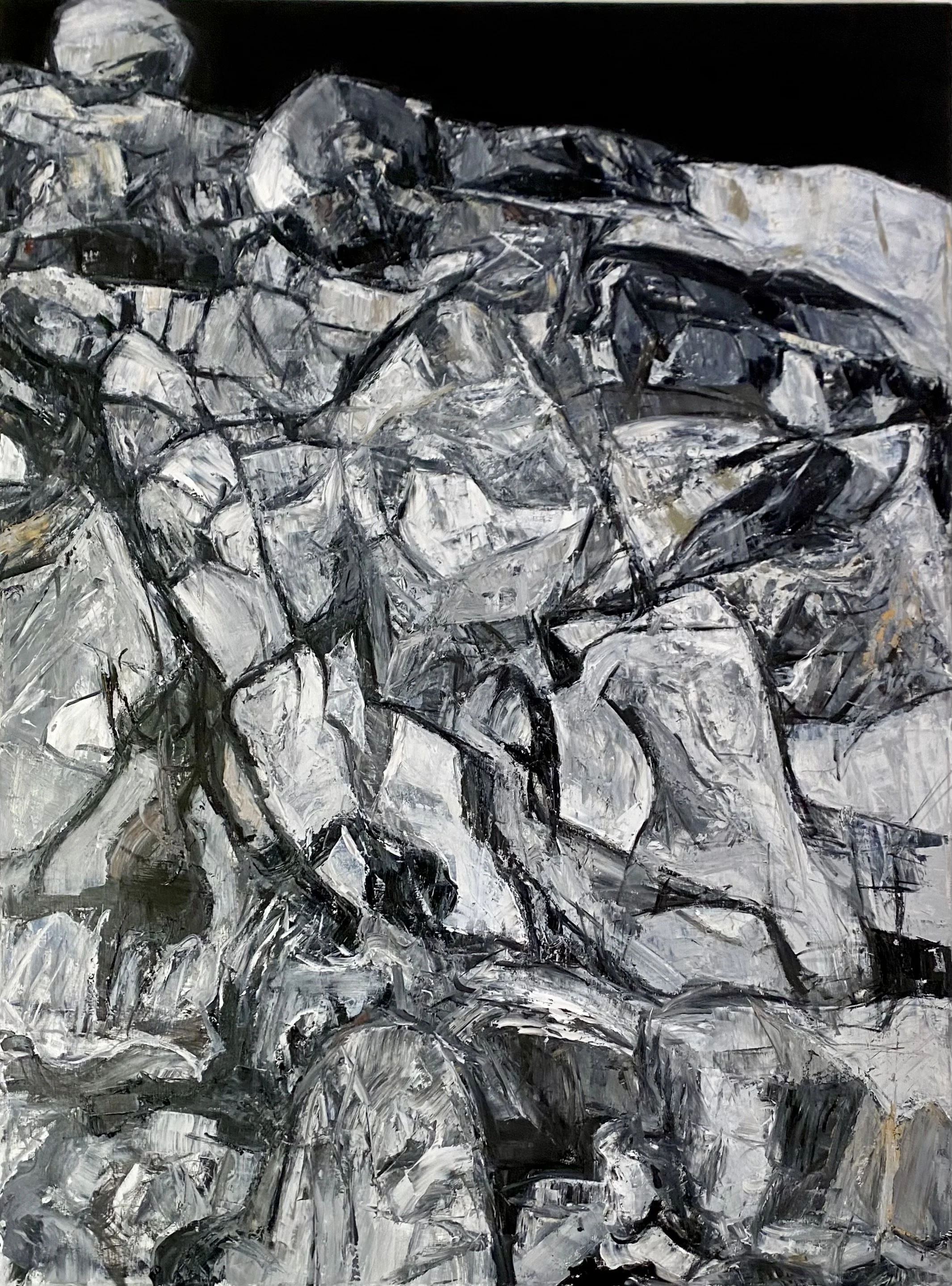 Vlad Kolas painting Abstract painting with crumpled, metallic-looking shapes in shades of gray, white, and black.
