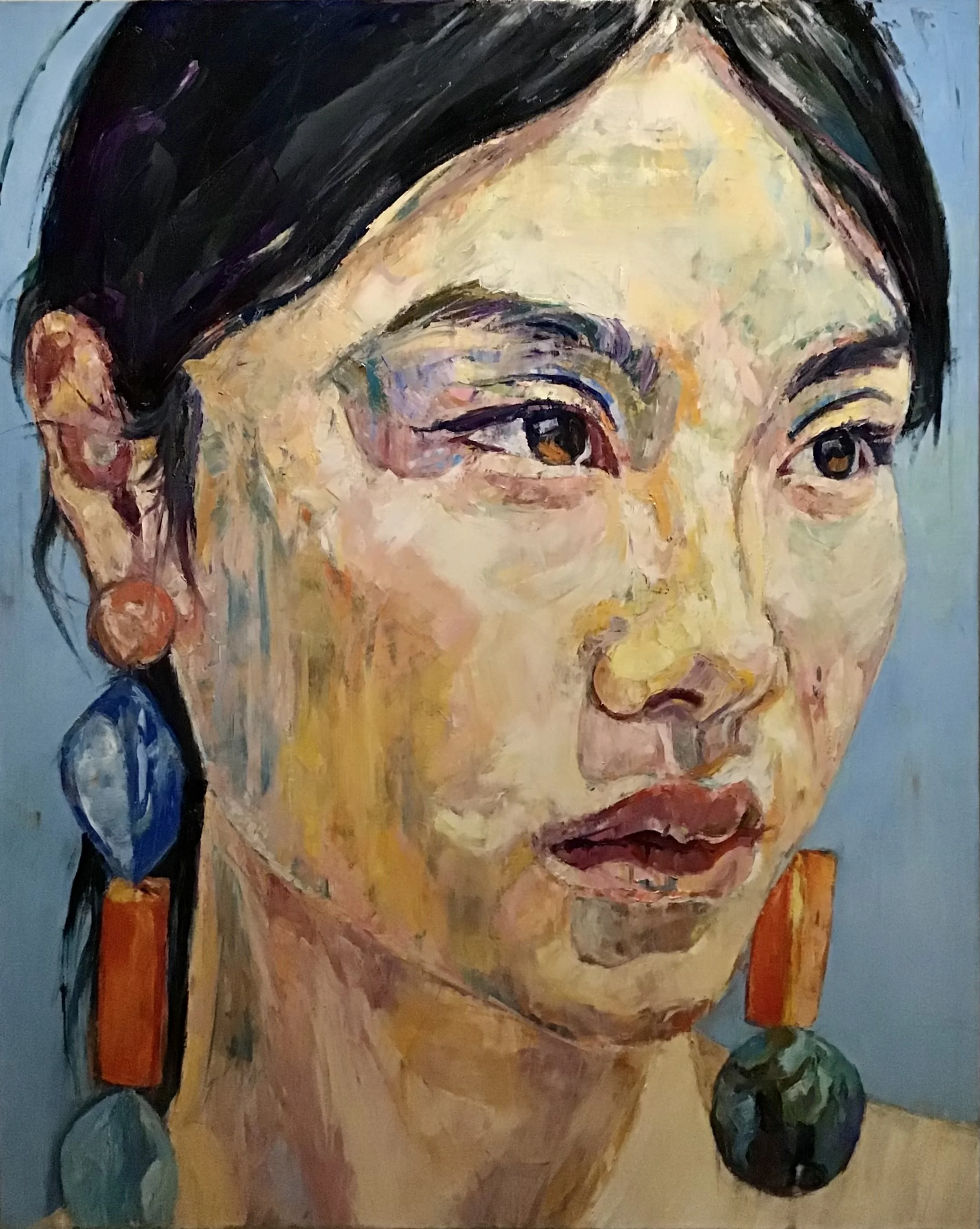 Vlad Kolas painting A portrait painting of a woman with dark hair, wearing earrings, with a serious expression, and colorful brushstrokes.