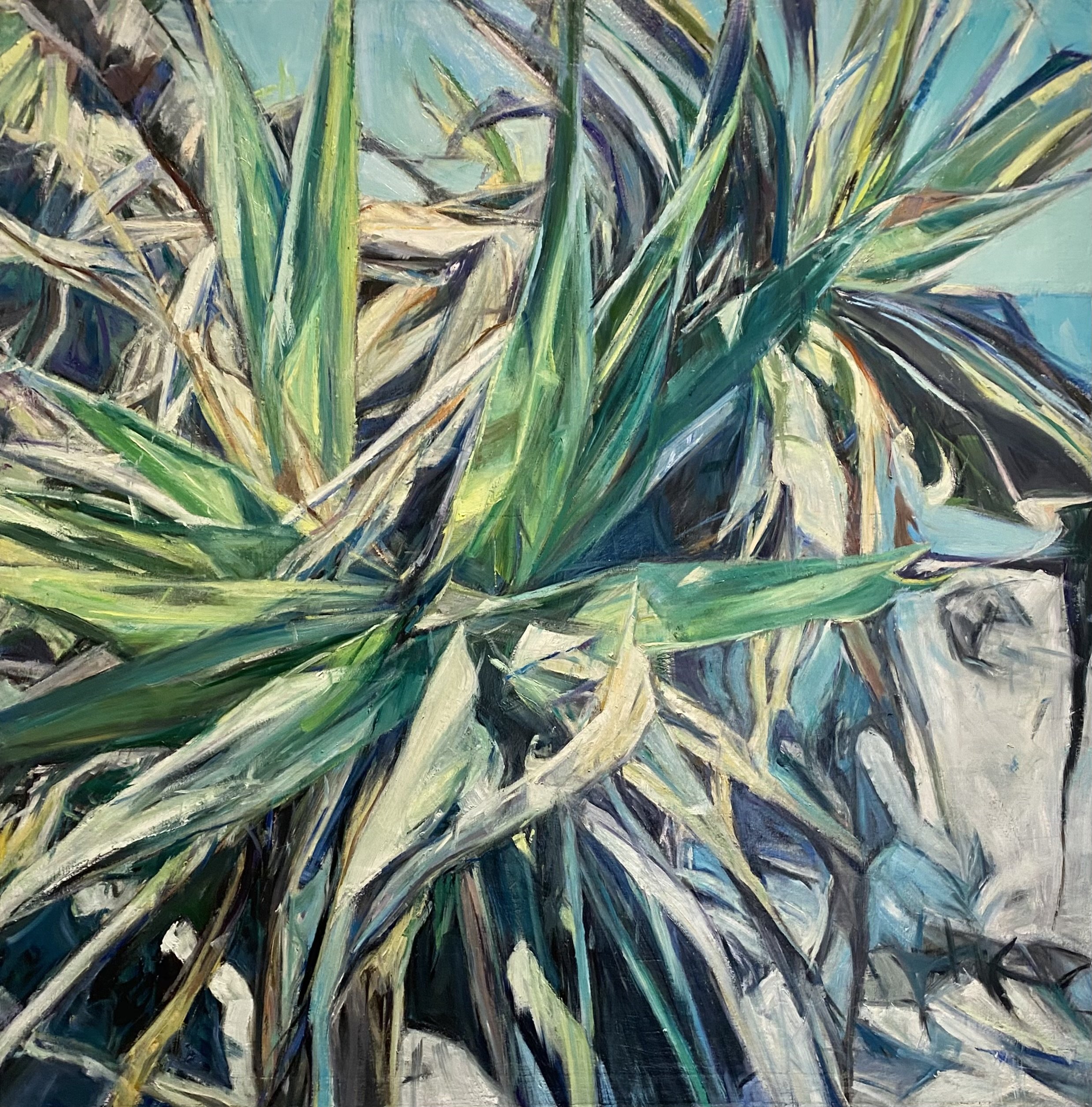 Vlad Kolas painting An abstract painting of green and beige leaves with hints of blue and black, depicted with bold, expressive brushstrokes.