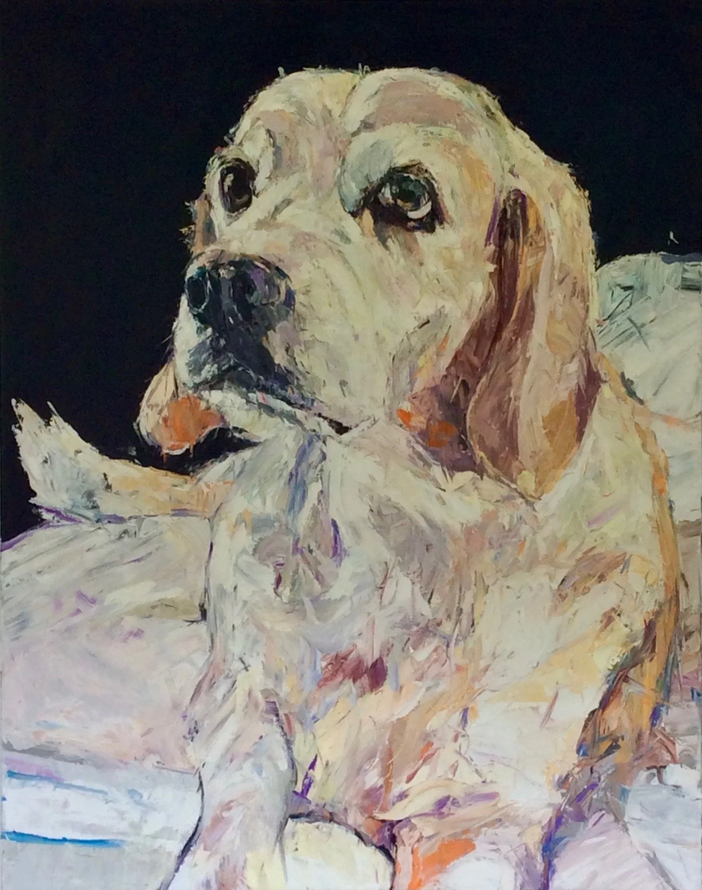 Vlad Kolas painting A painted portrait of a dog, possibly a bulldog, with a light coat and expressive eyes, set against a dark background.