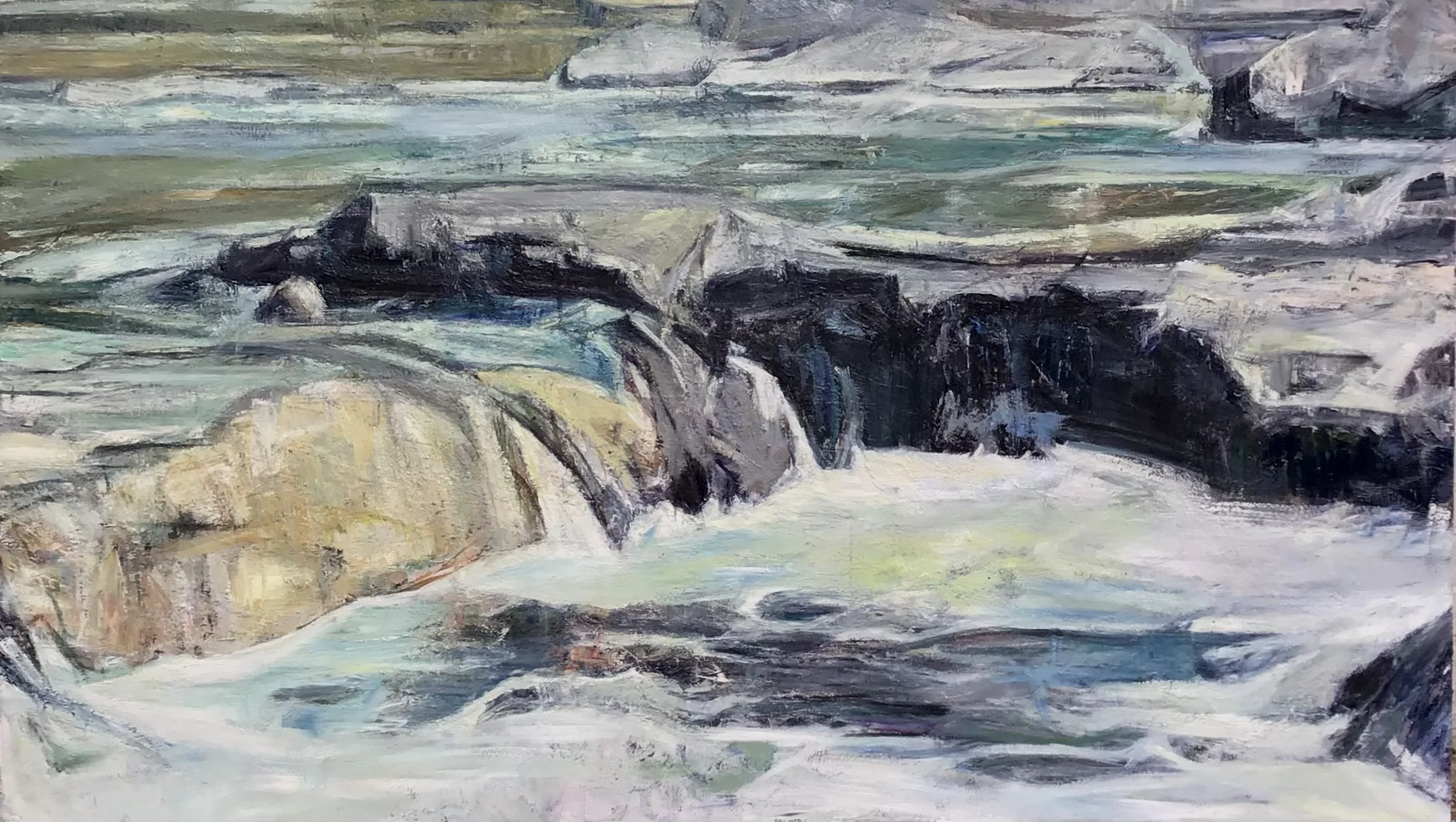 Vlad Kolas painting Abstract painting of ocean waves crashing against dark rocks with muted colors and loose brushstrokes.