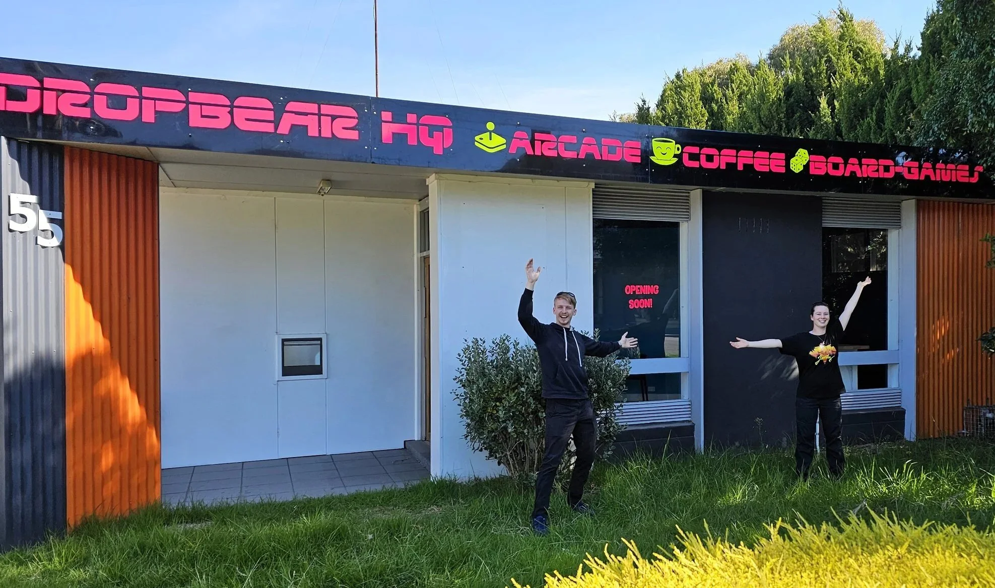 front of the building. dropbear hq arcade games , coffee shop, board games