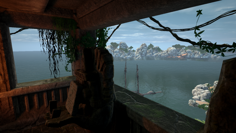 View of ocean with ships and rocky islands seen from a rustic wooden lookout with vines and foliage. Pirates Plague VR Escape Room