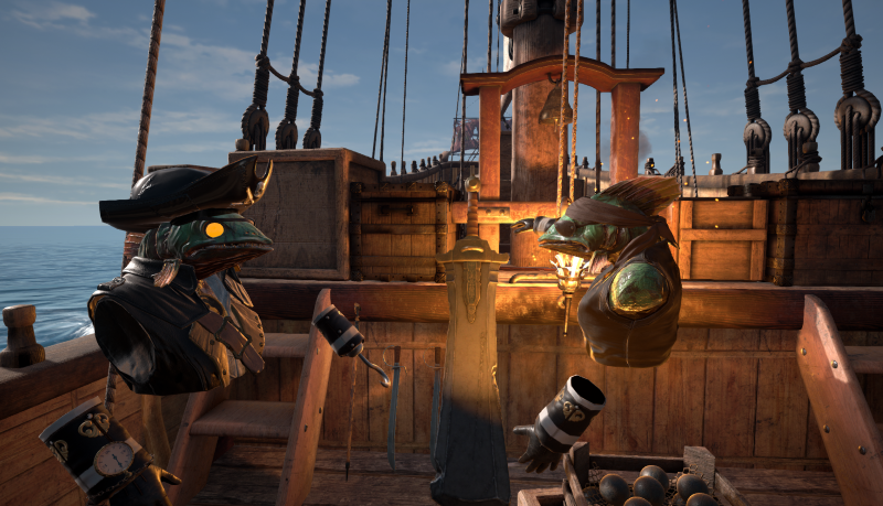 On a wooden ship deck, two fish-headed humanoids in armor stand near a lantern and a cannon, with a ship's mast and rigging in the background. Pirates Plague VR Escape Room
