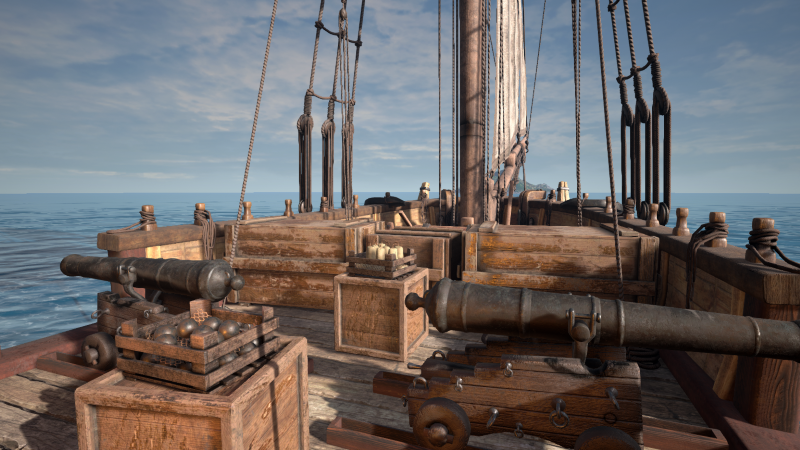 View of the deck of a wooden sailing ship with cannons, ropes, and a mast, sailing on calm ocean waters under a partly cloudy sky. Pirates Plague VR Escape Room
