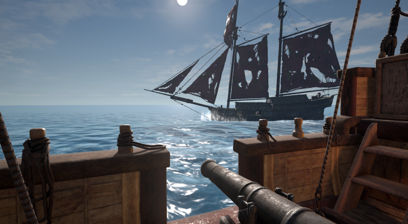 View from a pirate ship deck with a cannon at the ready, overlooking a sailing ship in the distance under a blue sky with some clouds. Pirates Plague VR Escape Room