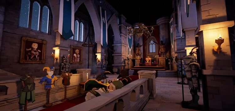 A detailed LEGO castle interior with portraits, statues, and a throne room, illuminated by warm lighting. Virtual Reality Games