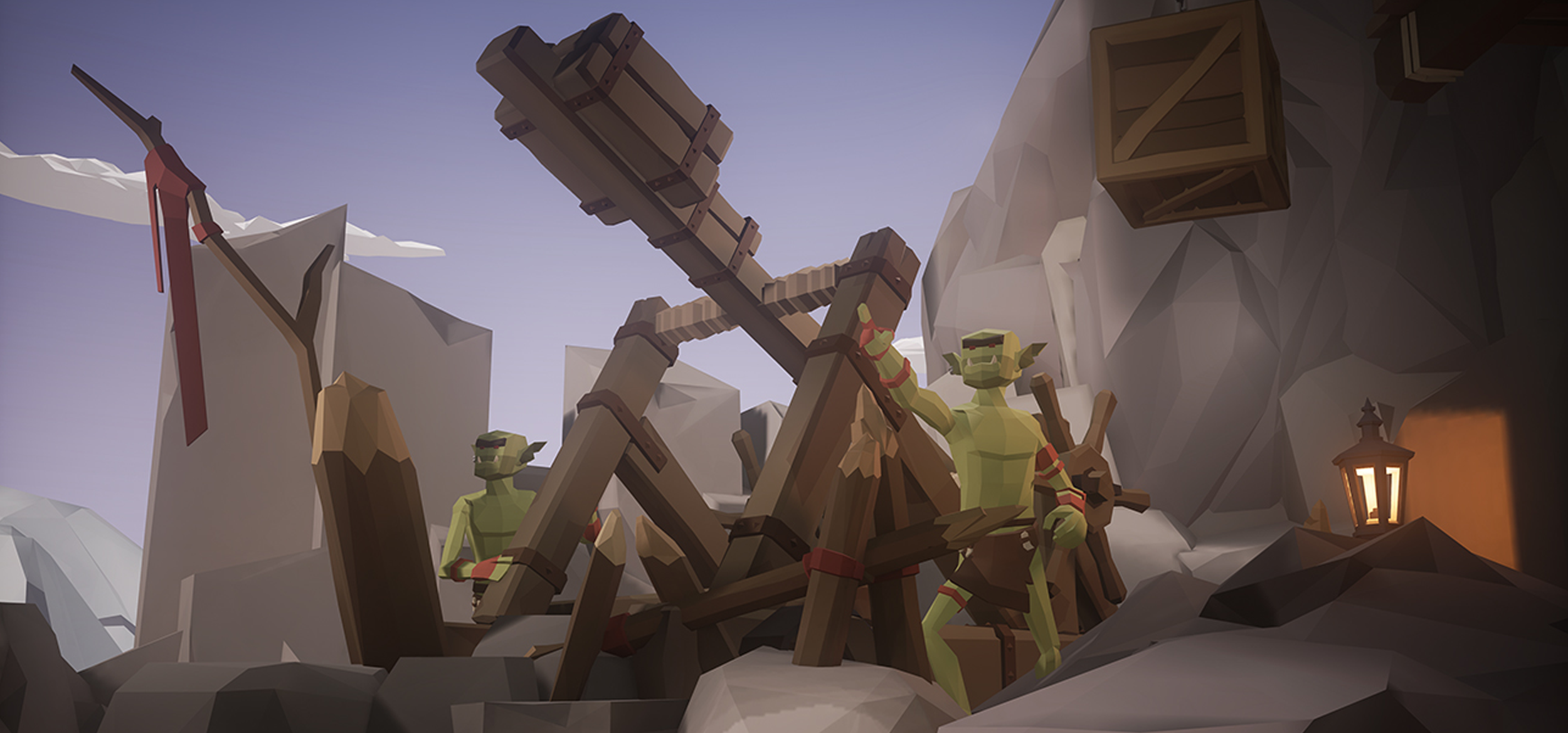 Low-poly depiction of goblins setting up a catapult in a mountainous area, with peaks and a night sky in the background, illuminated by a lantern near a cave entrance. Virtual Reality Games