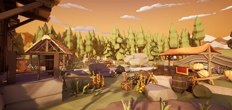 Low-poly digital landscape of a rustic outdoor market surrounded by tall pine trees at sunset with wooden stalls, rocks, plants, and barrels. Virtual Reality Games