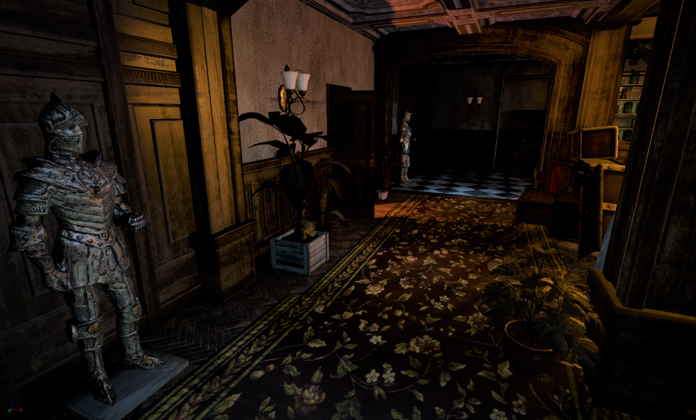 Dimly lit hallway with medieval armour statues, potted plants, wooden wall panelling, and a floral carpet, leading to a black double door and a checkered floor area. Manor of Escape VR Escape Room