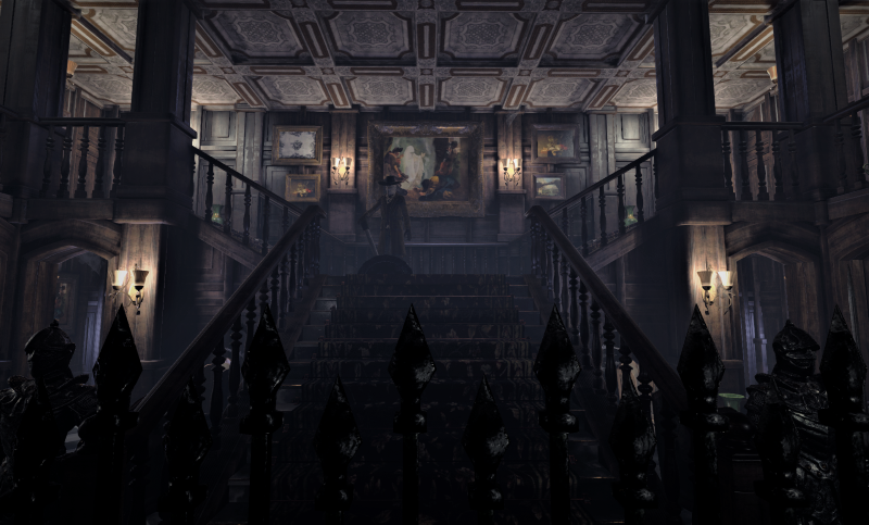 Interior view of a grand, old mansion staircase with dark wood paneling, ornate ceiling, and paintings on the walls; dim lighting creates a mysterious atmosphere. Manor of Escape VR Escape Room