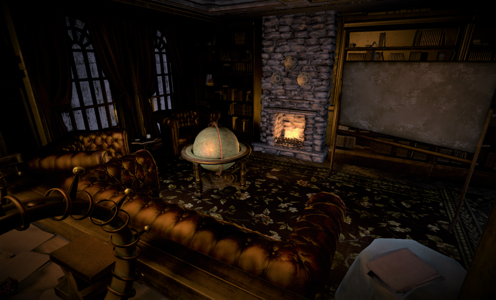 A cozy, dimly lit library room with a stone fireplace, dark curtains, leather furniture, a globe, and a chalkboard. Manor of Escape VR Escape Room