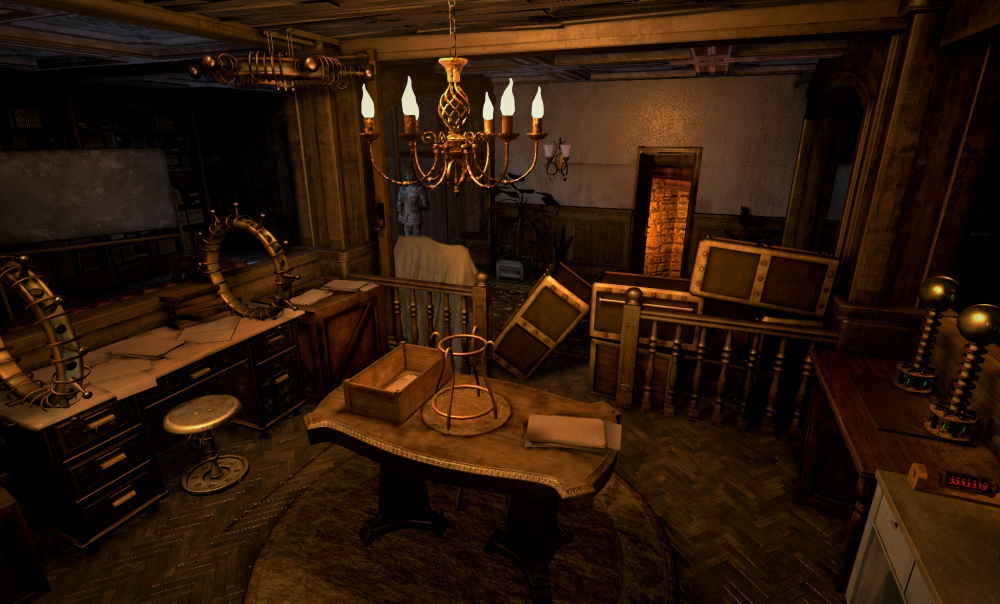 Dimly lit room with antique wooden furniture, a chandelier, framed pictures, and various mechanical devices. Manor of Escape VR Escape Room