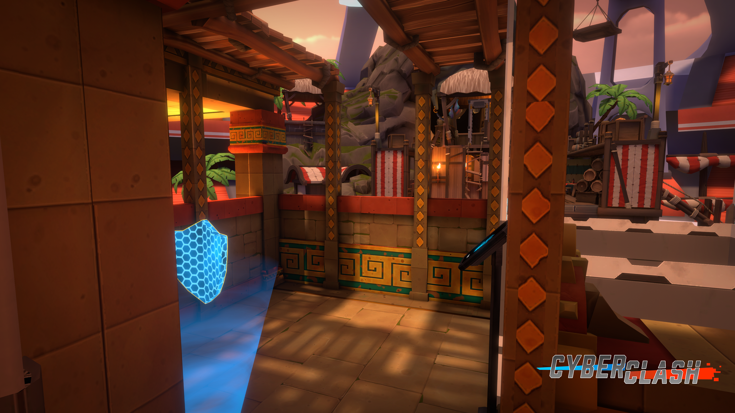 A scene from the game Cyber Clash featuring a medieval-themed environment with orange and green decorative patterns, palm trees, and a cloudy sunset sky, along with a blue glowing shield on the left side. Virtual Reality Games