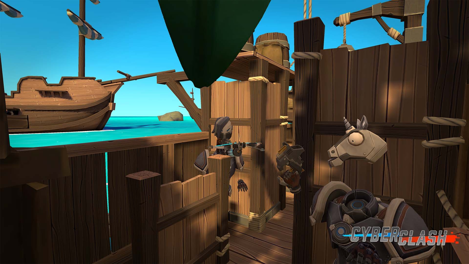 In-game view of a character on a wooden ship deck aiming a gun, with a ship and the ocean visible in the background. Virtual Reality Games