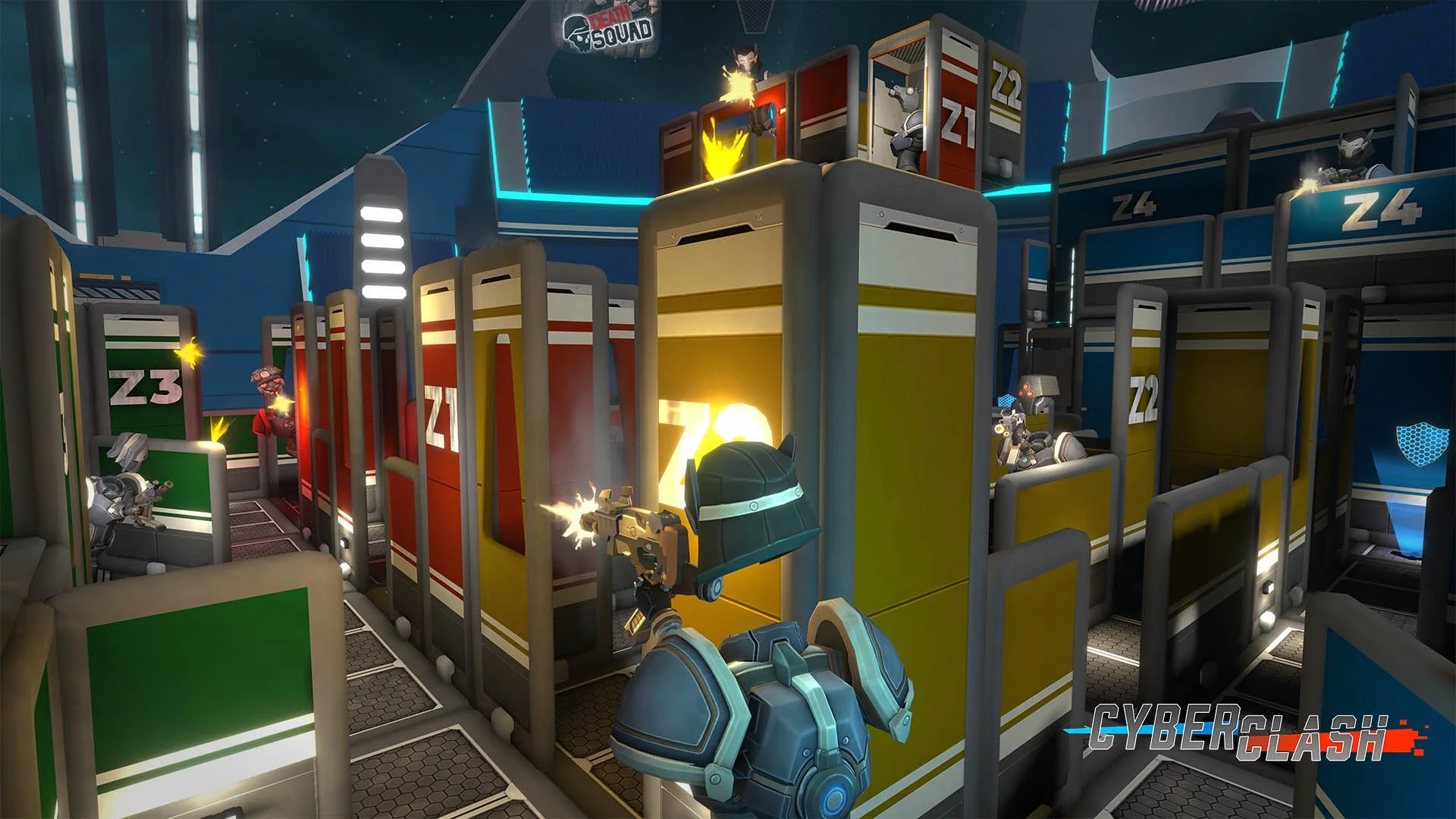 Multiple characters in a video game environment, shooting from behind colourful enclosed booths labelled with Z and green, red, yellow, blue, and black colours, with a sci-fi cityscape background and the Cyber Clash logo in the lower right corner.