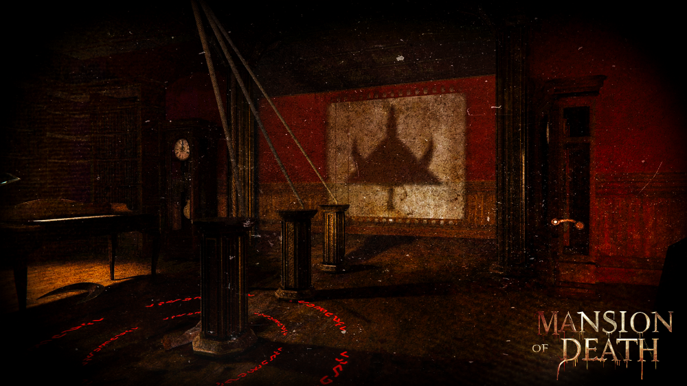 Dark, eerie room with dim lighting, shadow of a chandelier cast on a wall, red and black decor, a grandfather clock, and a sign that reads "Mansion of Death." A V.R. Escape room game